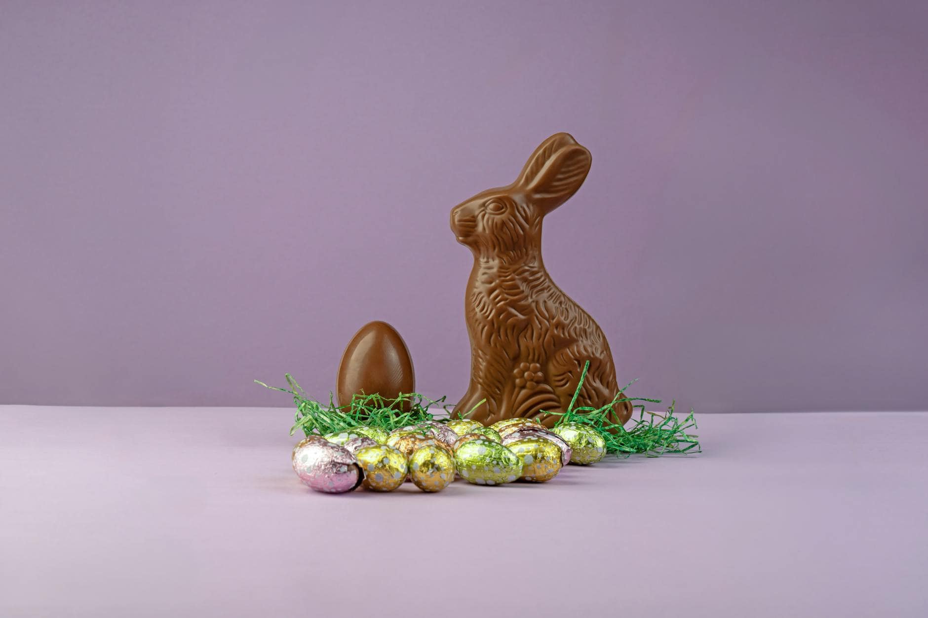easter chocolate bunny with decorated eggs
