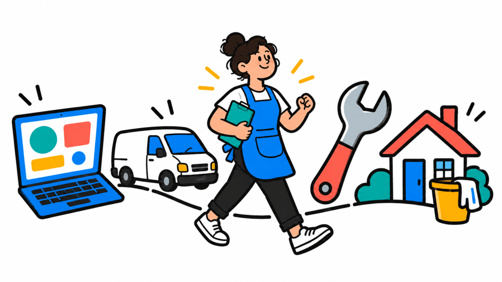 Small business owner surrounded by a laptop, delivery van, tools, and a home.